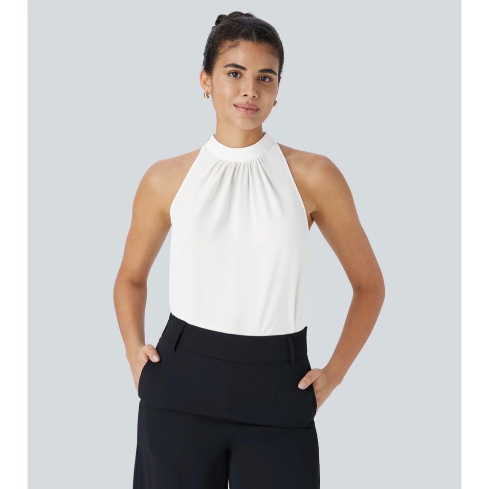 Halara Women White Keyhole Back Halter Sleeveless Curved Hem Work Blouse Size M